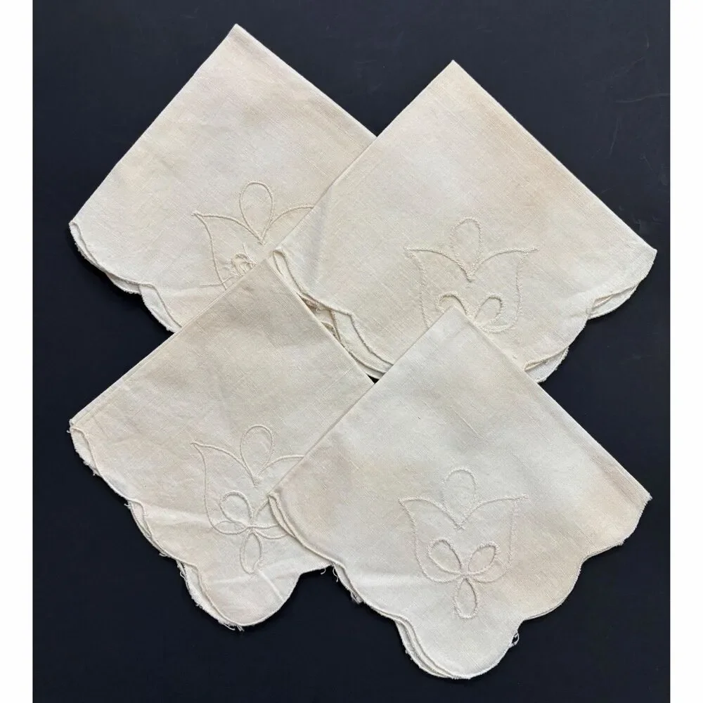 Cottagecore Cutwork Linen Dinner Napkins Lunch Dining Vintage Embroidered Set 4